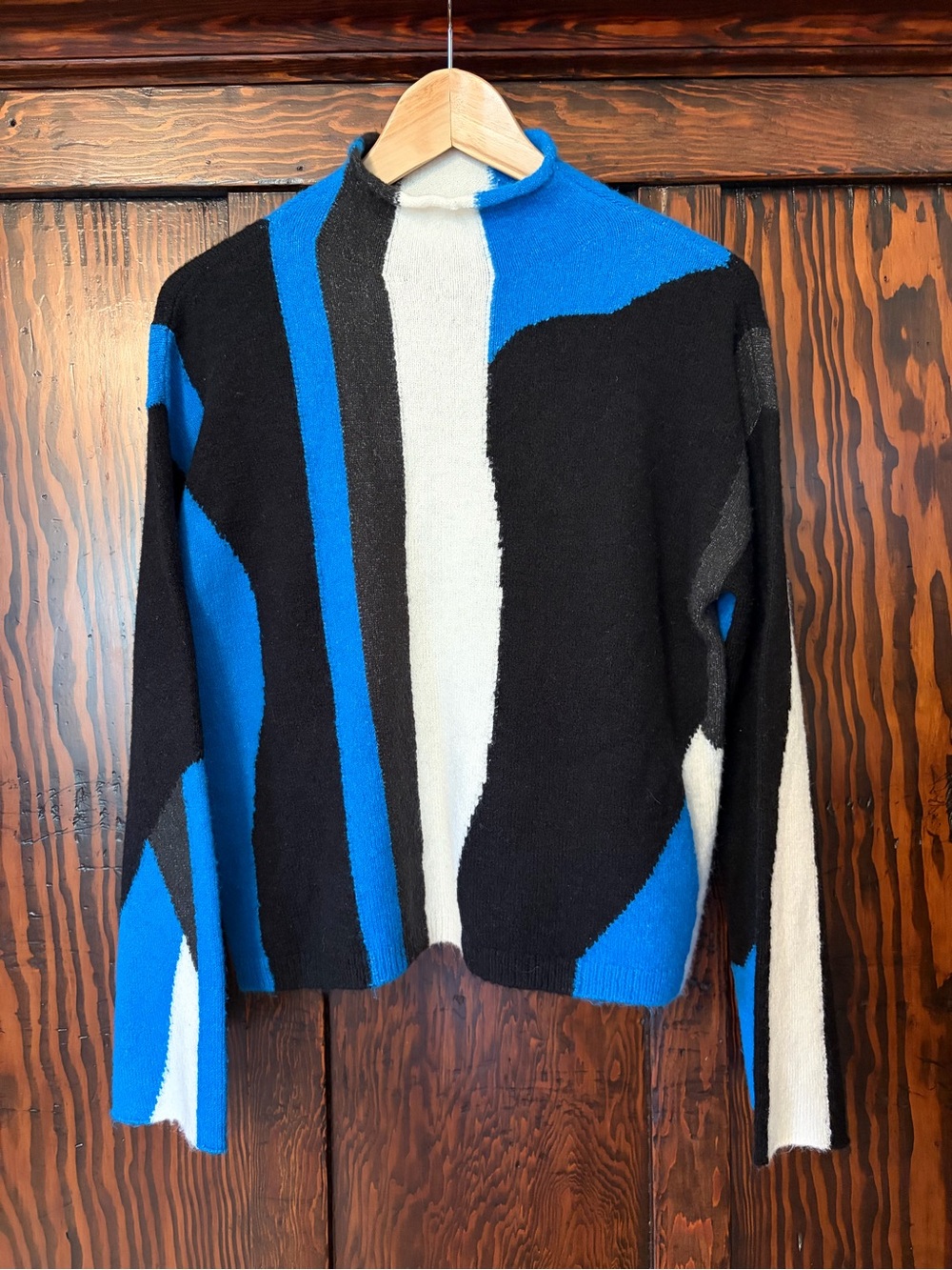 DKNY Blue, Black & White Abstract Mockneck Sweater